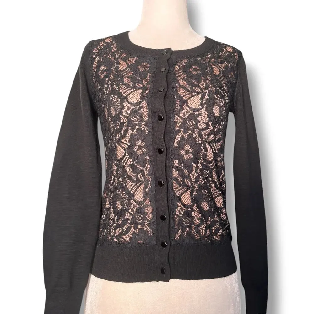 Banana Republic Petite XS Black Lace Cardigan Sheer Floral Knit Button Front